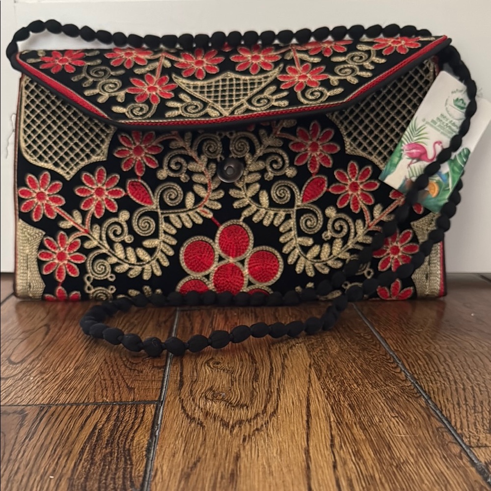 Black and Red Floral Clutch with Asian-Inspired Design